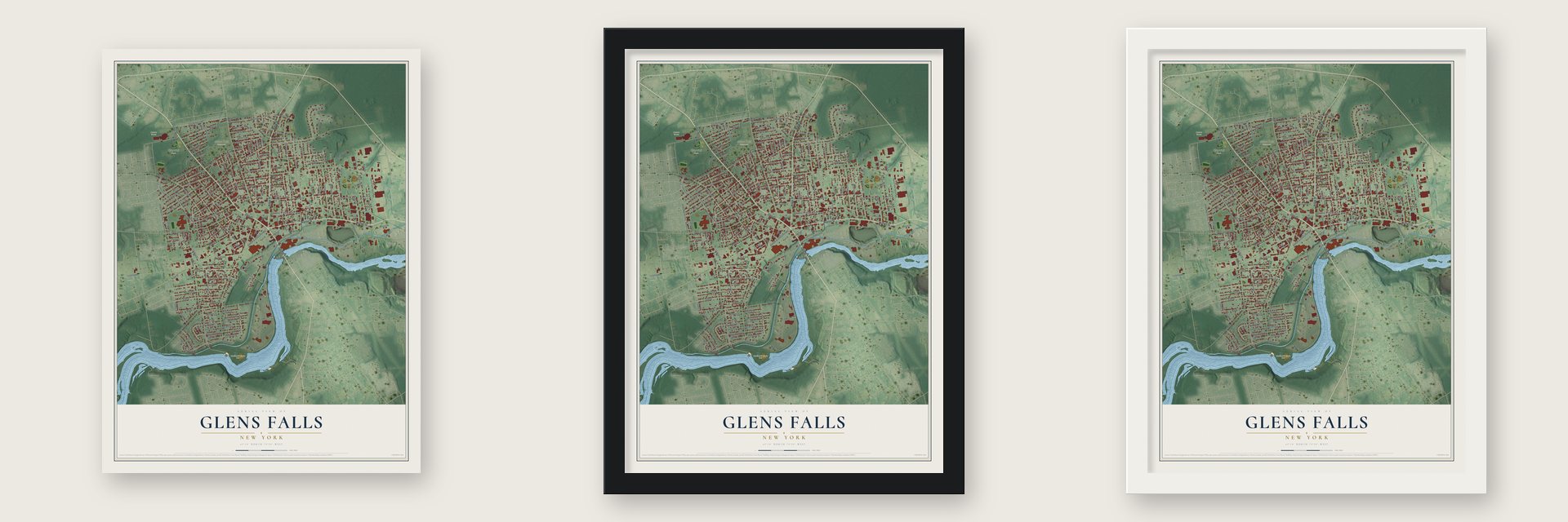 Glens Falls, New York map unframed, in a black wood frame and in a white wood frame