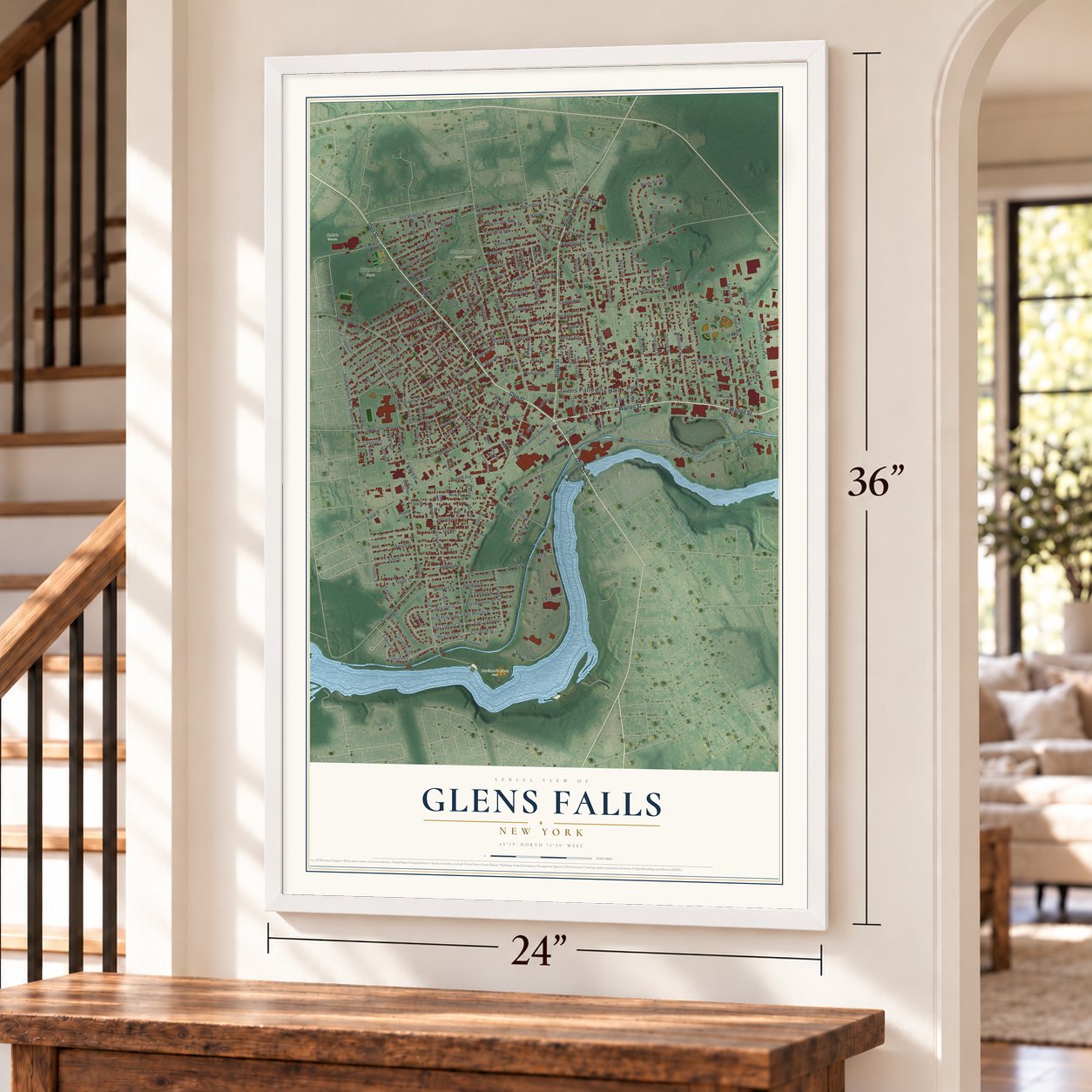 Glens Falls, New York map, 24 x 36 inch print in a white frame by a staircase