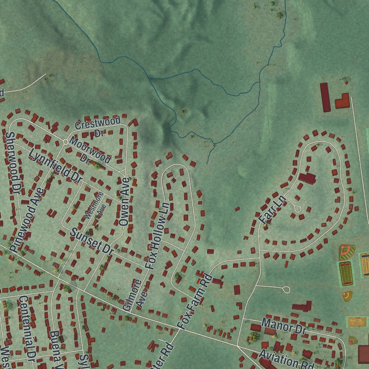 Second close-up of the map of Glens Falls North, New York print showing more streets and buildings