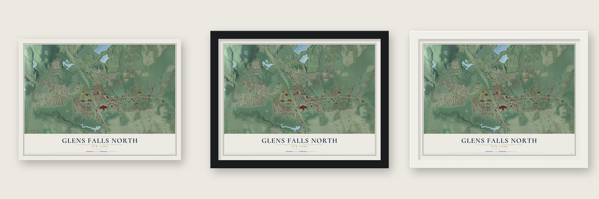 Glens Falls North, New York map unframed, in a black wood frame and in a white wood frame