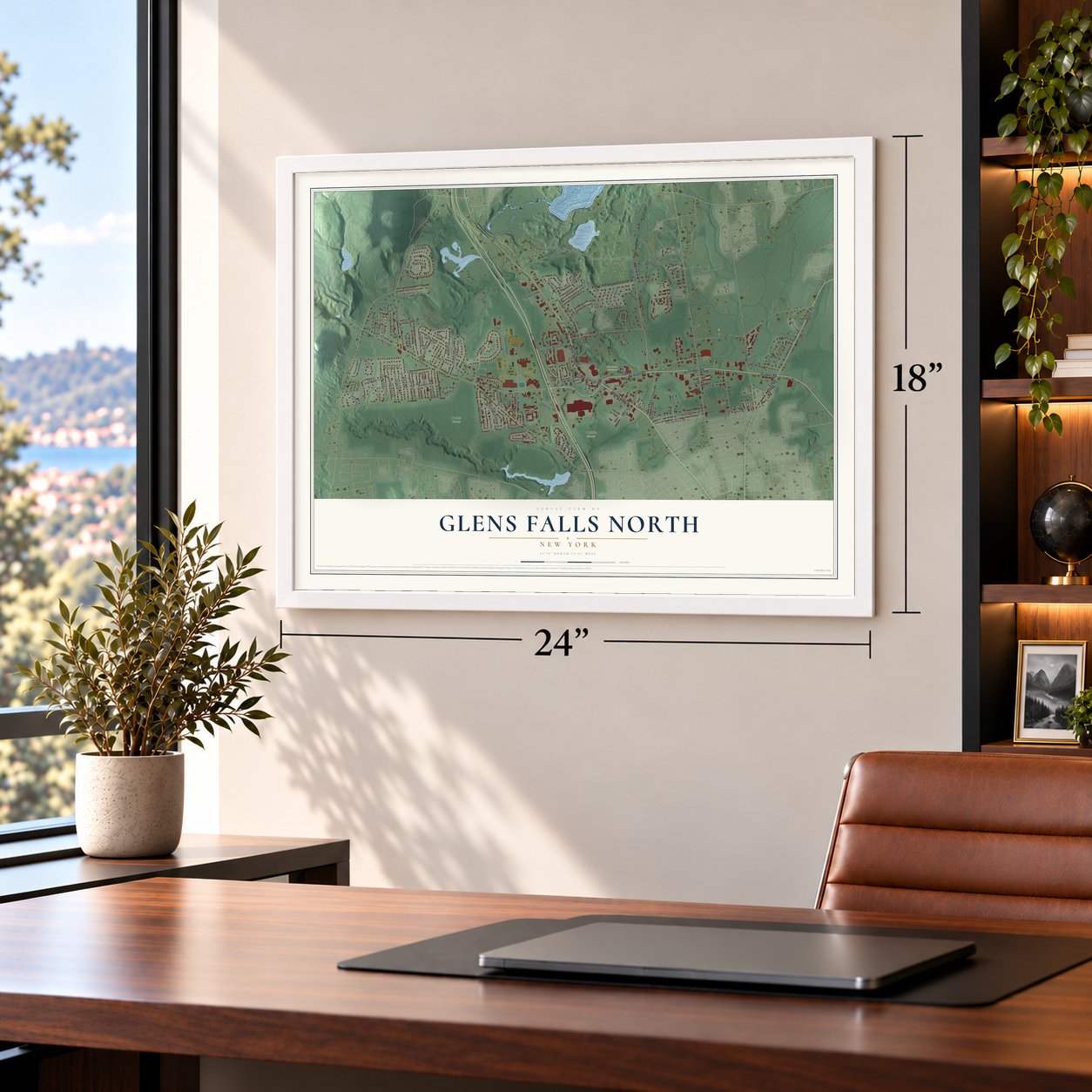 Glens Falls North, New York map, 18 x 24 inch print in a white frame in a home office