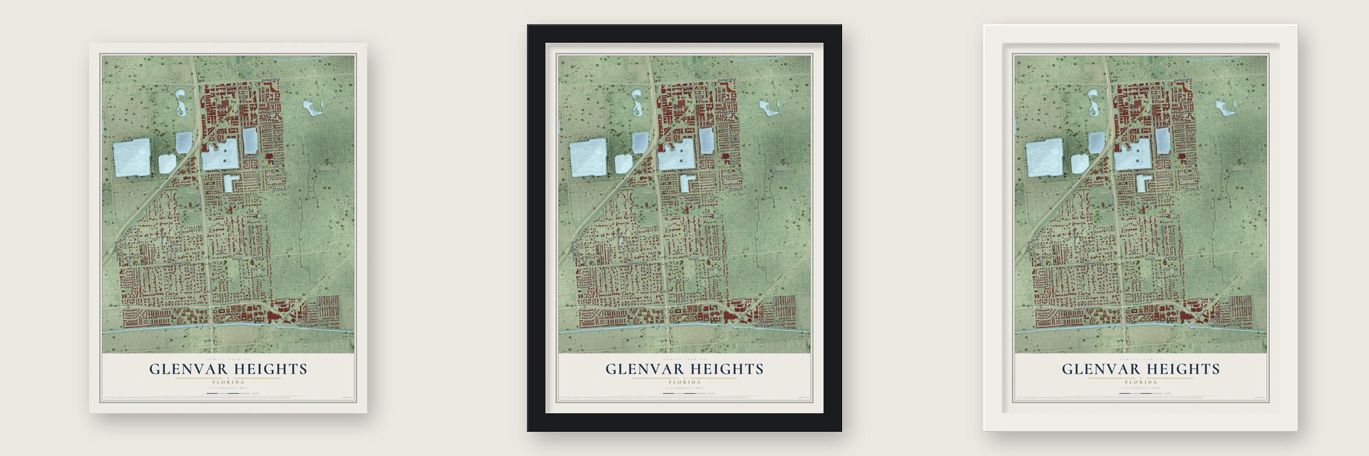 Glenvar Heights, Florida map unframed, in a black wood frame and in a white wood frame