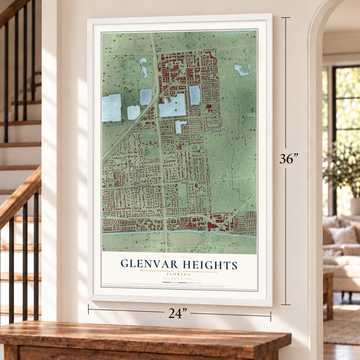 Glenvar Heights, Florida map, 24 x 36 inch print in a white frame by a staircase