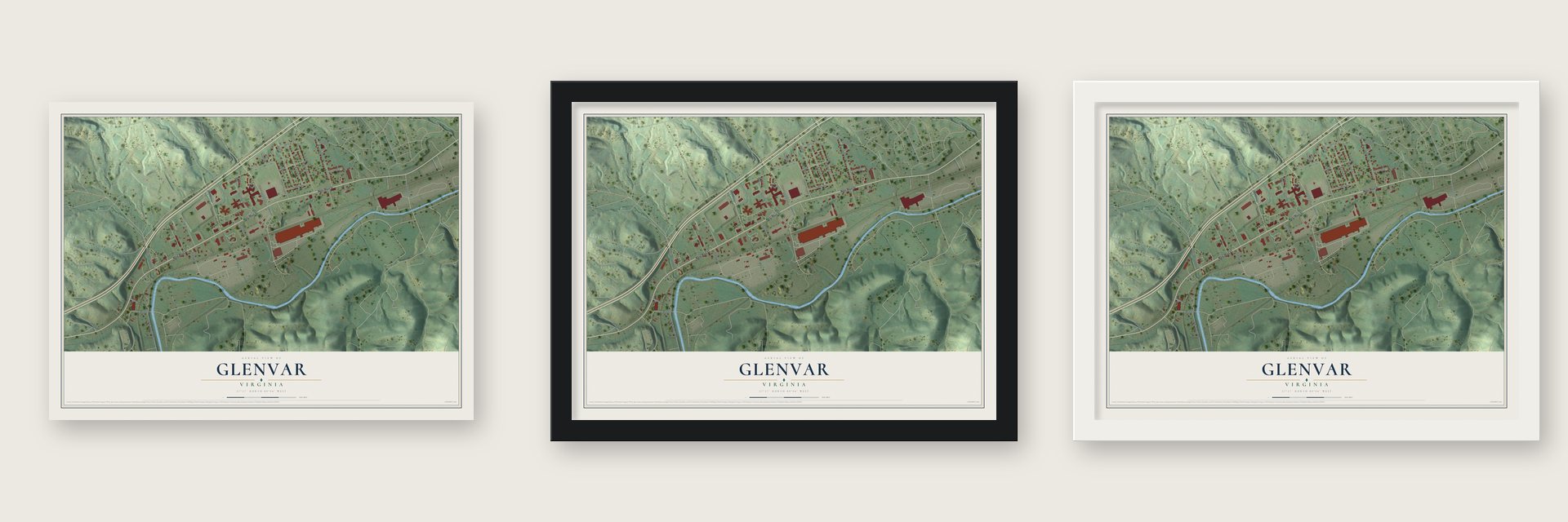 Glenvar, Virginia map unframed, in a black wood frame and in a white wood frame