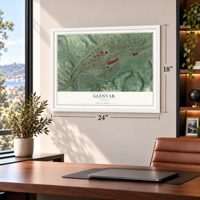Glenvar, Virginia map, 18 x 24 inch print in a white frame in a home office
