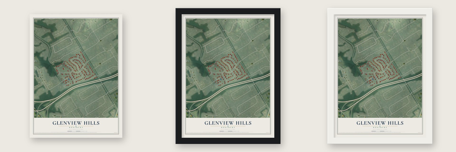 Glenview Hills, Kentucky map unframed, in a black wood frame and in a white wood frame