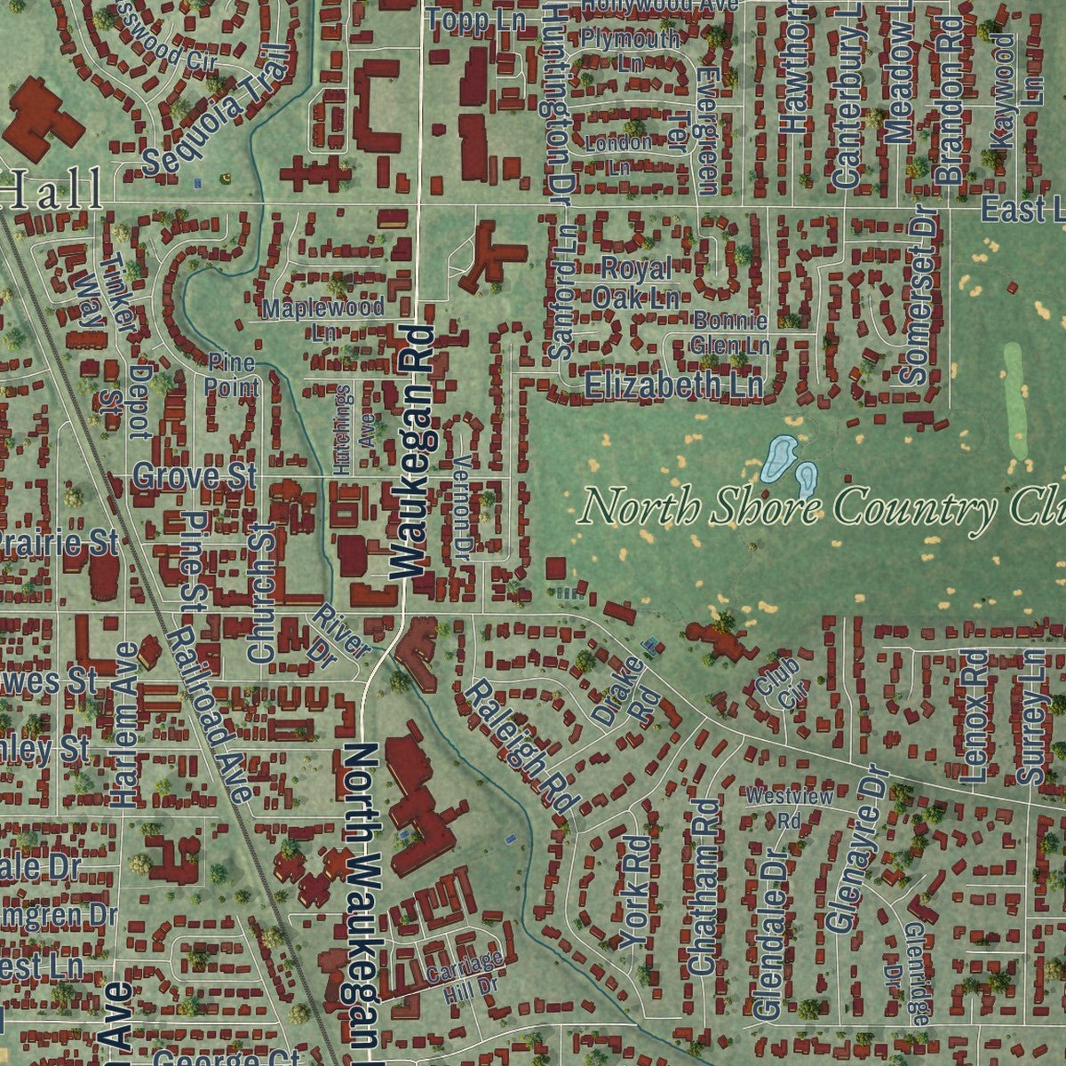 Second close-up of the map of Glenview, Illinois print showing more streets and buildings