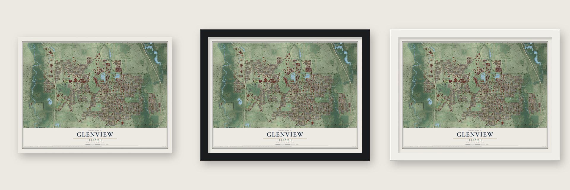Glenview, Illinois map unframed, in a black wood frame and in a white wood frame