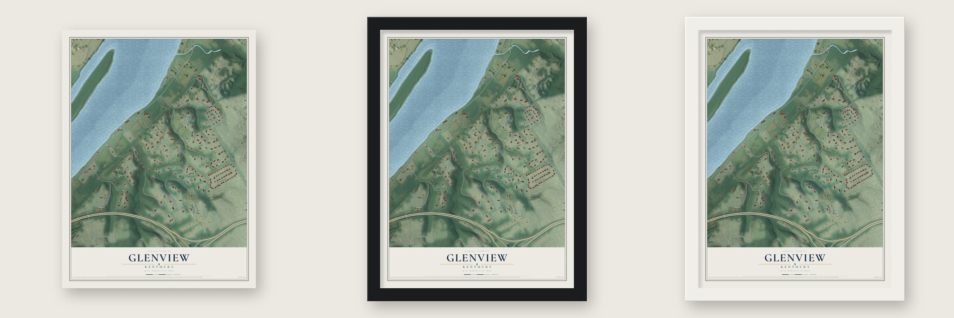 Glenview, Kentucky map unframed, in a black wood frame and in a white wood frame