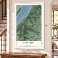 Glenview, Kentucky map, 24 x 36 inch print in a white frame by a staircase