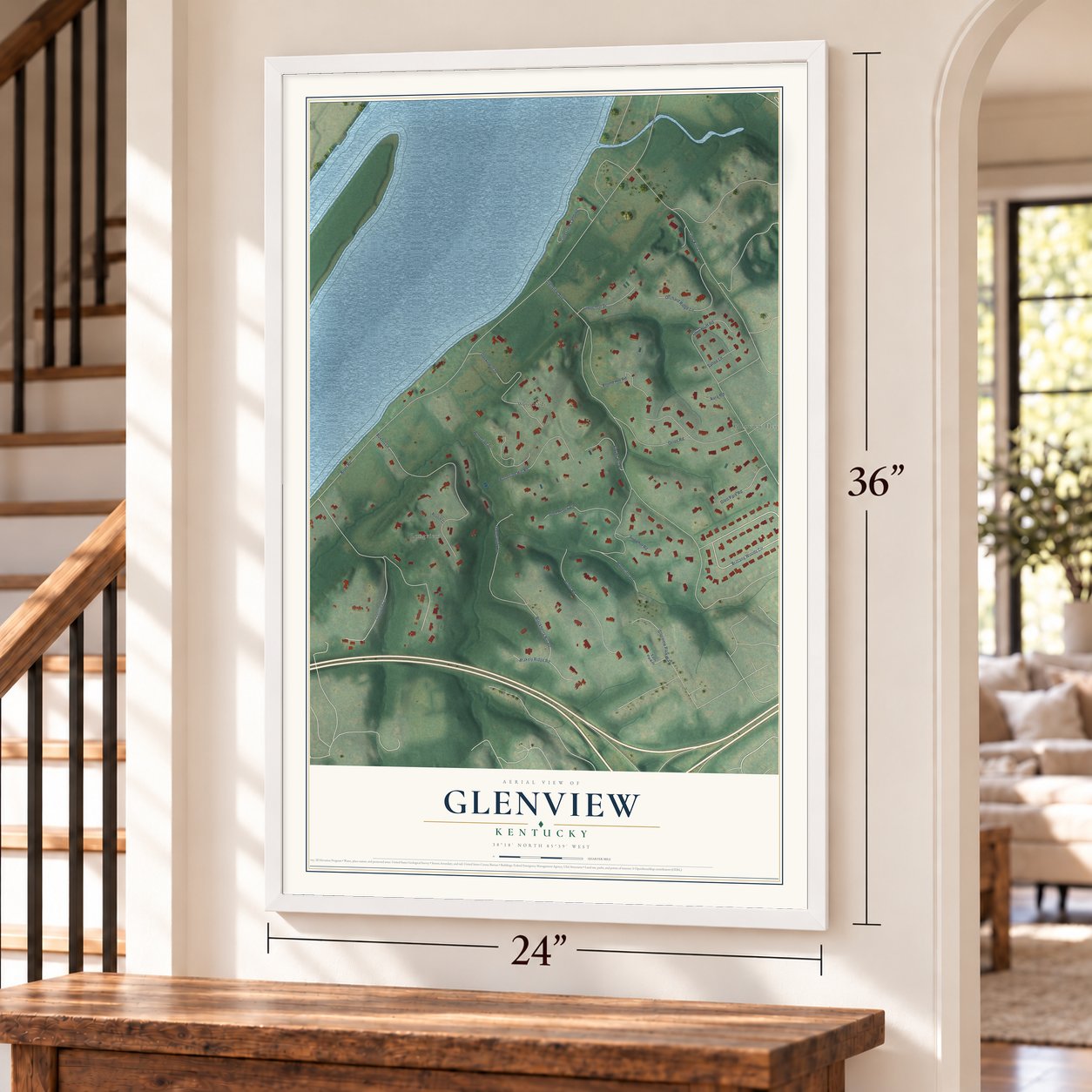 Glenview, Kentucky map, 24 x 36 inch print in a white frame by a staircase
