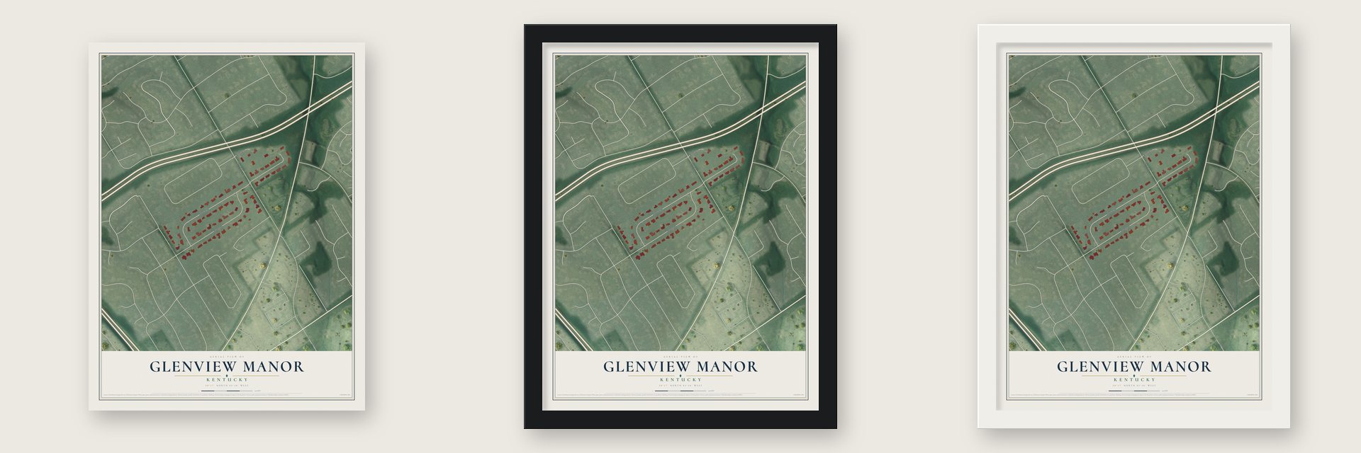 Glenview Manor, Kentucky map unframed, in a black wood frame and in a white wood frame