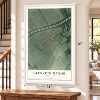 Glenview Manor, Kentucky map, 24 x 36 inch print in a white frame by a staircase