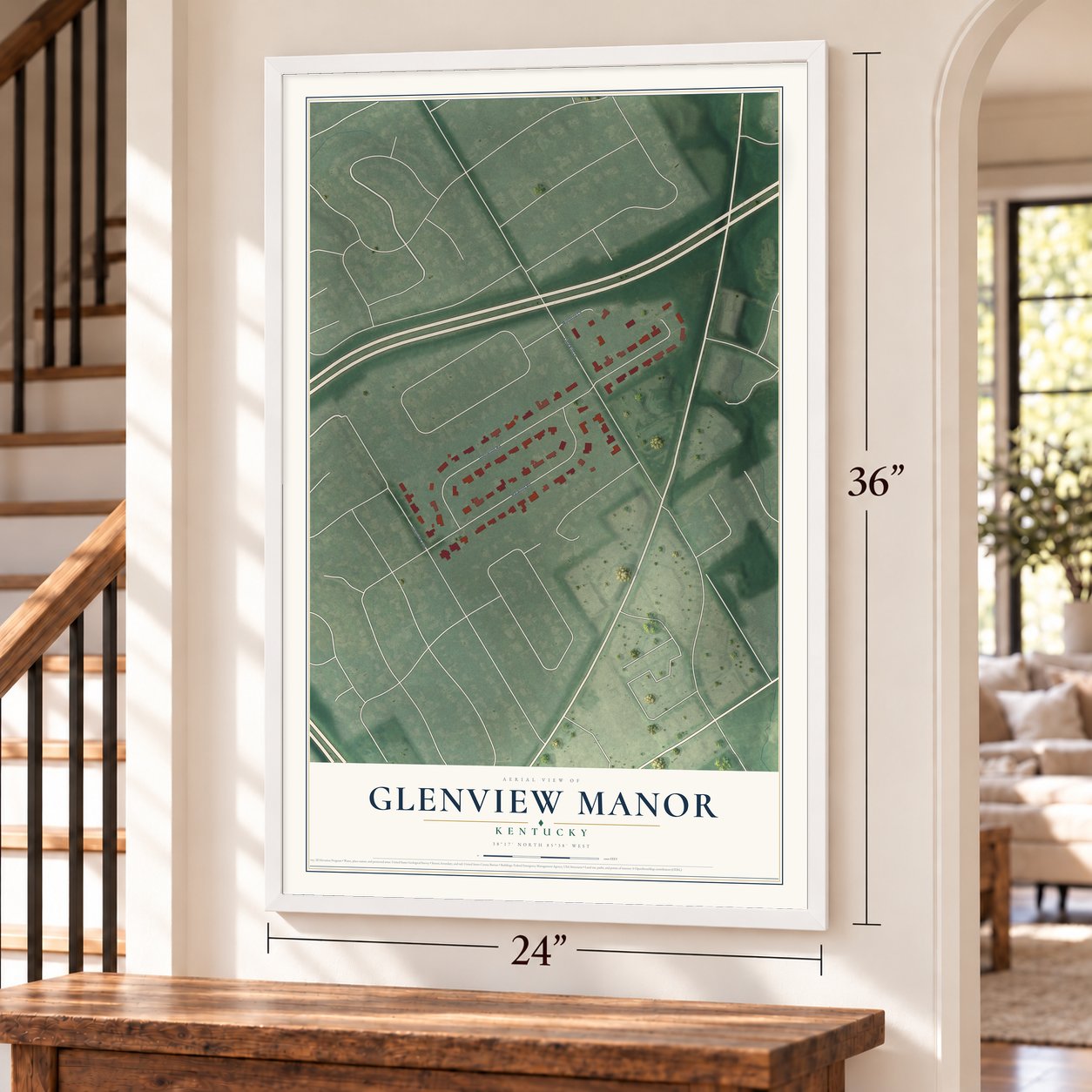 Glenview Manor, Kentucky map, 24 x 36 inch print in a white frame by a staircase
