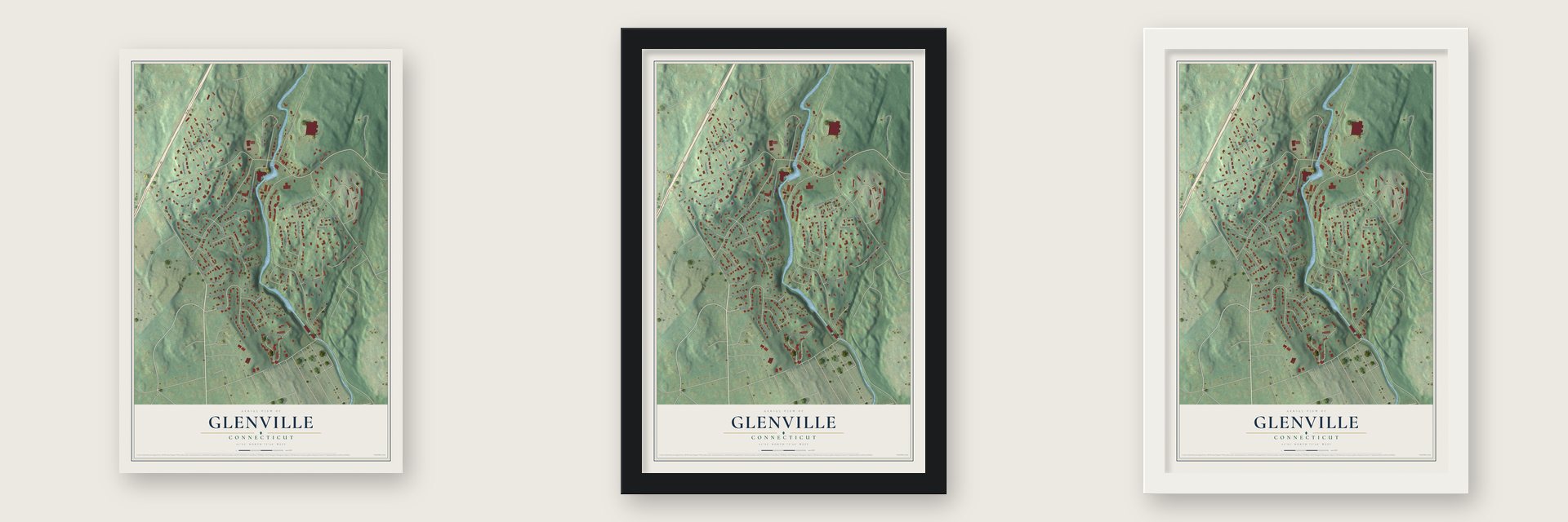 Glenville, Connecticut map unframed, in a black wood frame and in a white wood frame