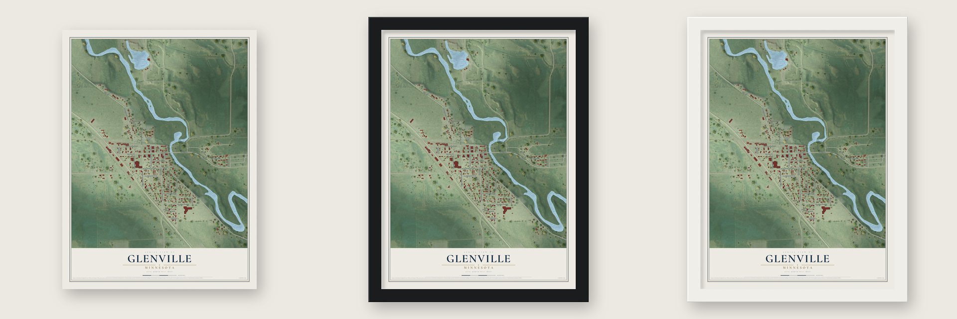 Glenville, Minnesota map unframed, in a black wood frame and in a white wood frame