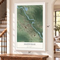 Glenville, Minnesota map, 24 x 36 inch print in a white frame by a staircase