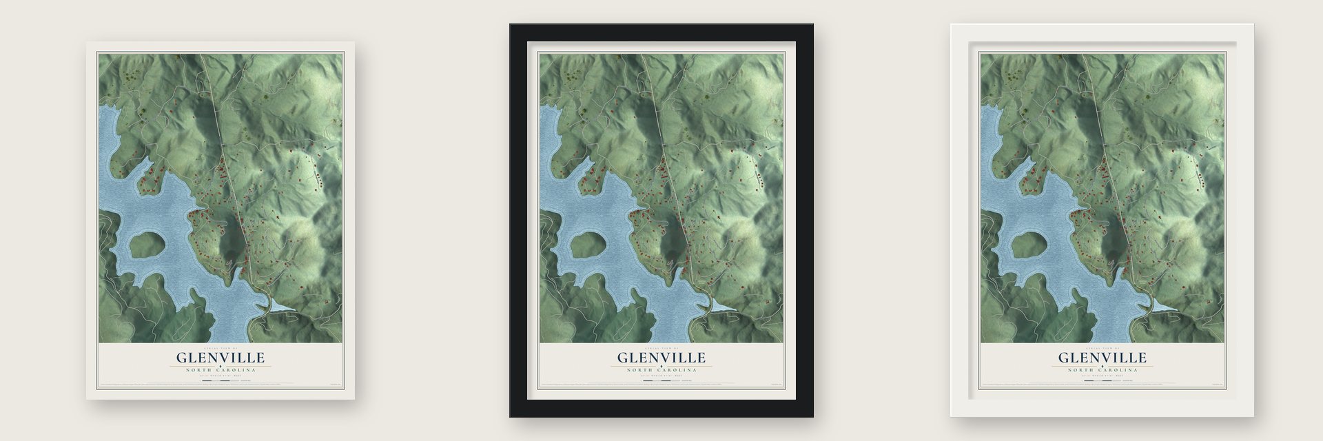Glenville, North Carolina map unframed, in a black wood frame and in a white wood frame