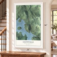 Glenville, North Carolina map, 24 x 36 inch print in a white frame by a staircase