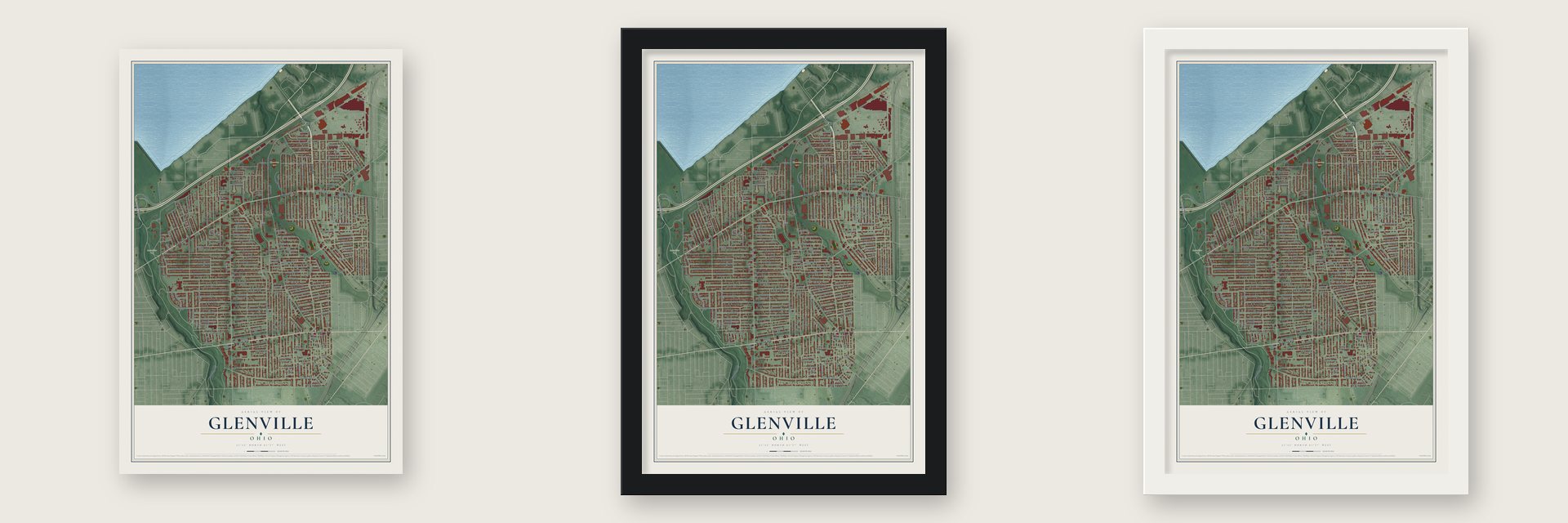 Glenville, Ohio map unframed, in a black wood frame and in a white wood frame