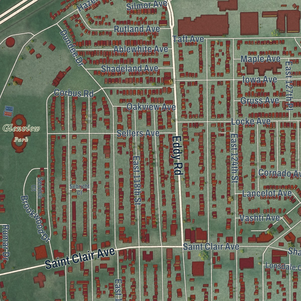 Second close-up of the map of Glenville, Ohio print showing more streets and buildings