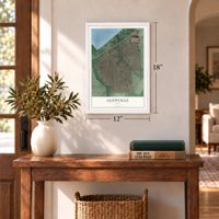 Glenville, Ohio map, 12 x 18 inch print in a white frame in an entryway