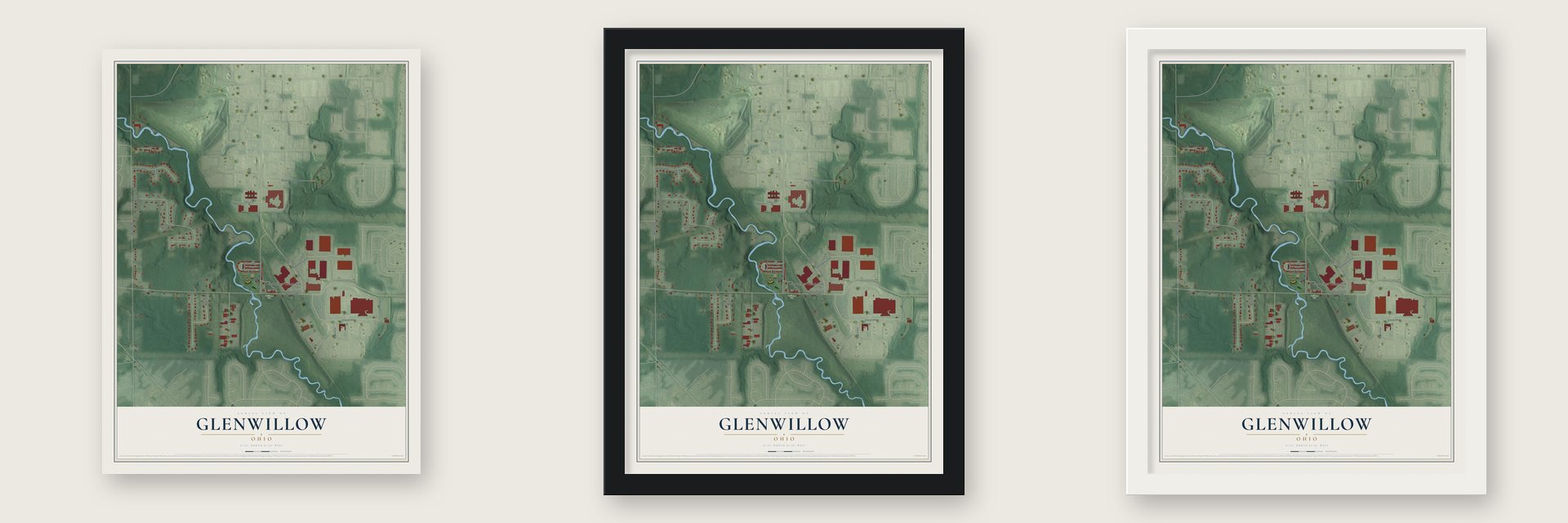 Glenwillow, Ohio map unframed, in a black wood frame and in a white wood frame