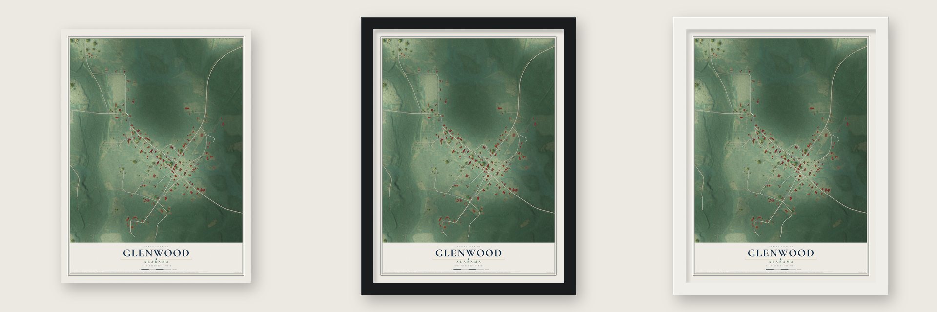 Glenwood, Alabama map unframed, in a black wood frame and in a white wood frame