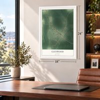 Glenwood, Alabama map, 18 x 24 inch print in a white frame in a home office