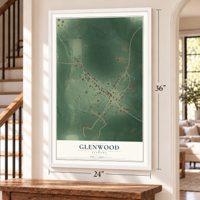 Glenwood, Alabama map, 24 x 36 inch print in a white frame by a staircase