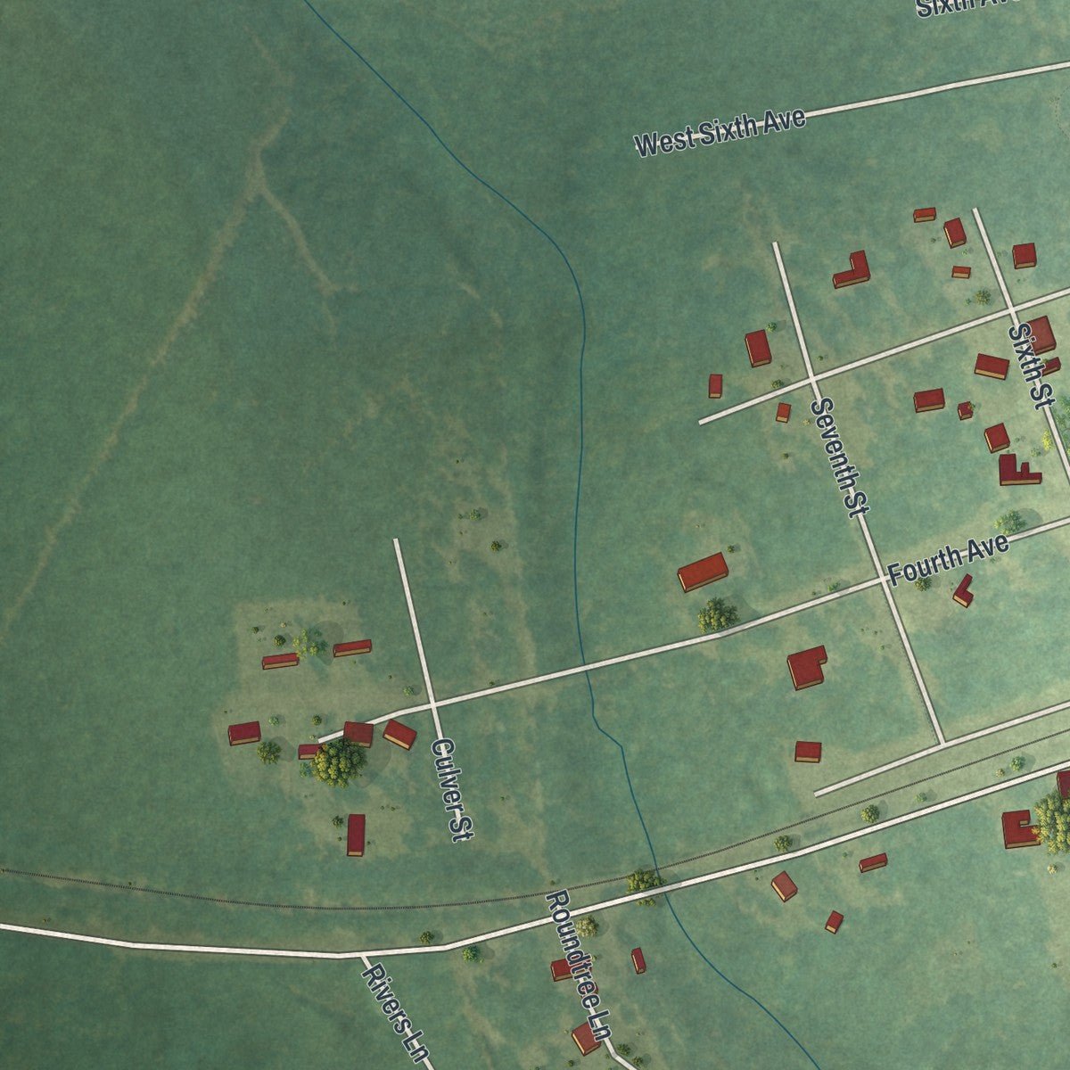 Second close-up of the map of Glenwood, Georgia print showing more streets and buildings