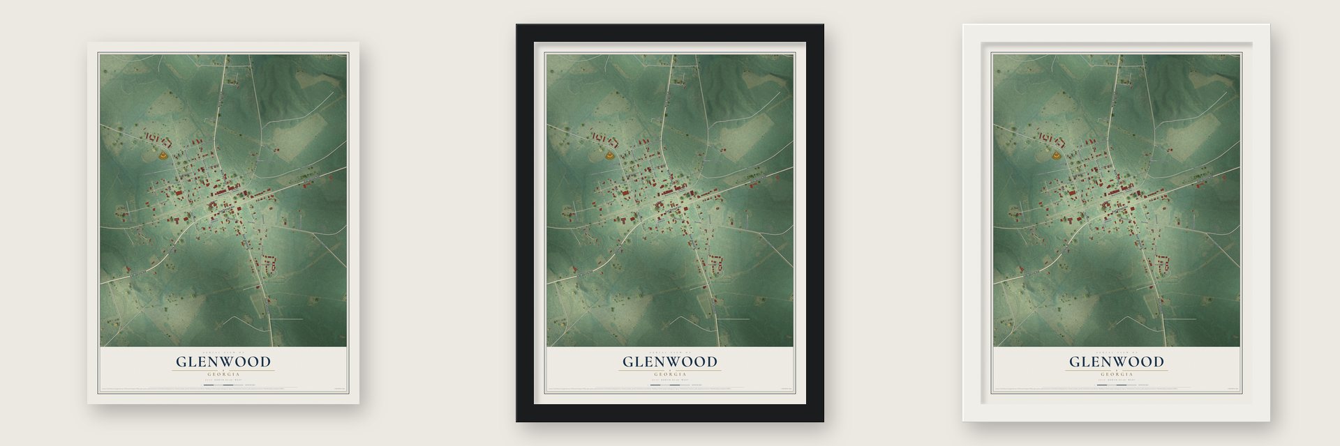 Glenwood, Georgia map unframed, in a black wood frame and in a white wood frame