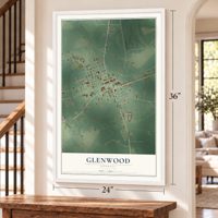 Glenwood, Georgia map, 24 x 36 inch print in a white frame by a staircase