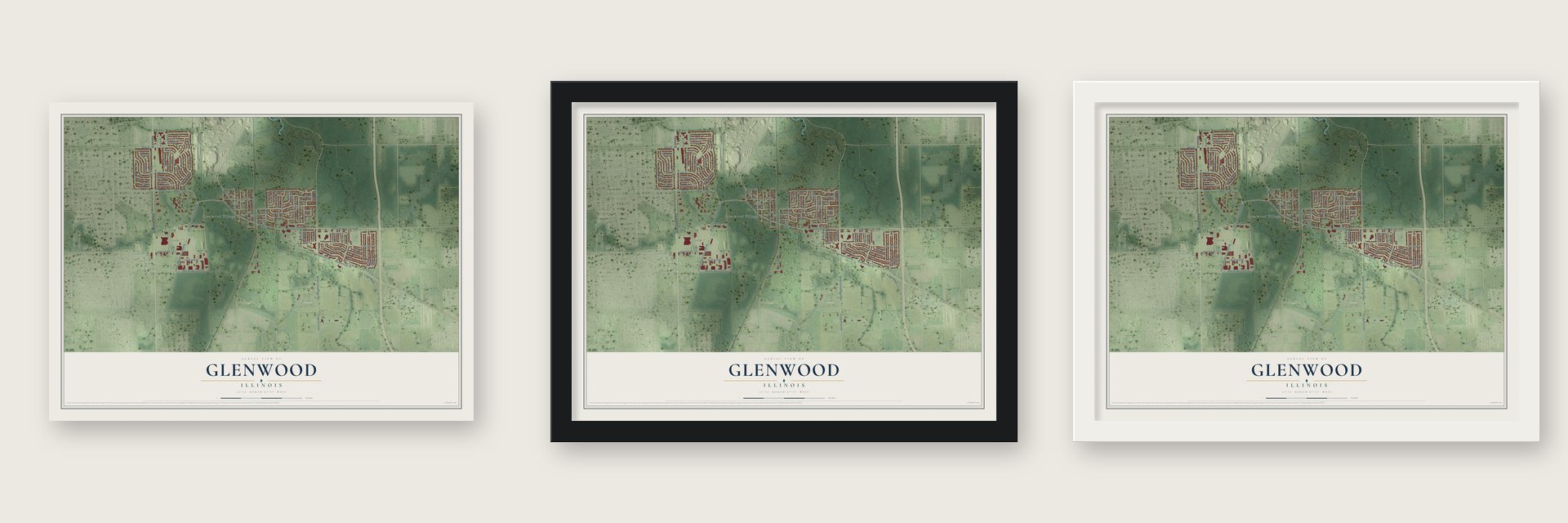 Glenwood, Illinois map unframed, in a black wood frame and in a white wood frame