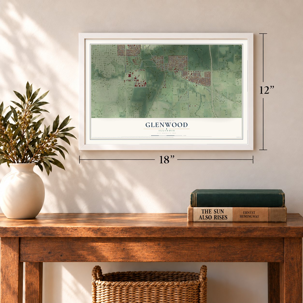 Glenwood, Illinois map, 12 x 18 inch print in a white frame in an entryway