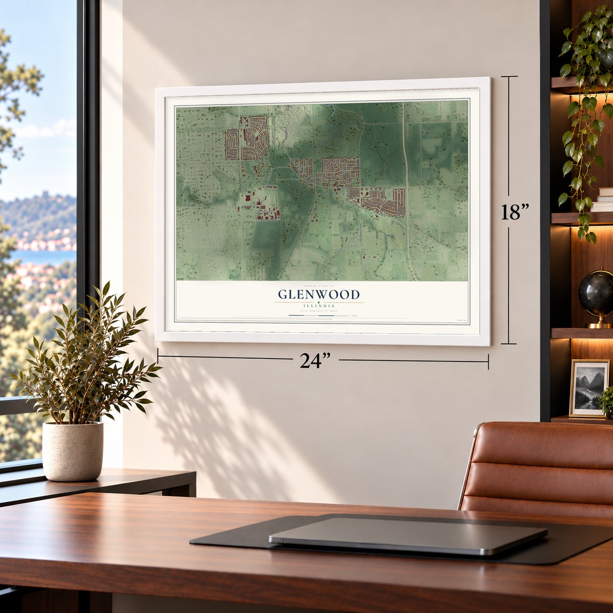 Glenwood, Illinois map, 18 x 24 inch print in a white frame in a home office