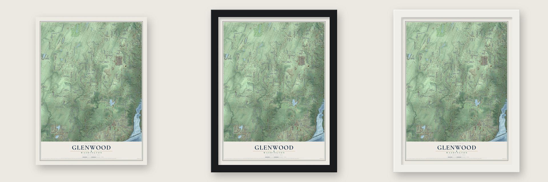 Glenwood, Kitsap County, Washington map unframed, in a black wood frame and in a white wood frame