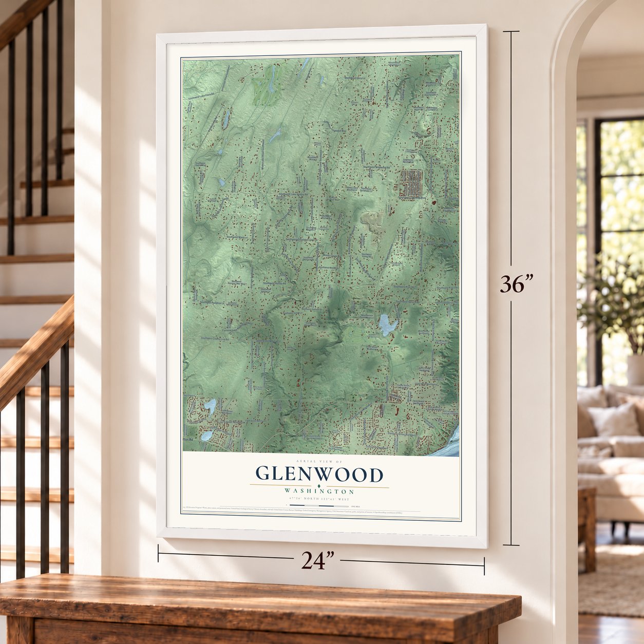 Glenwood, Kitsap County, Washington map, 24 x 36 inch print in a white frame by a staircase