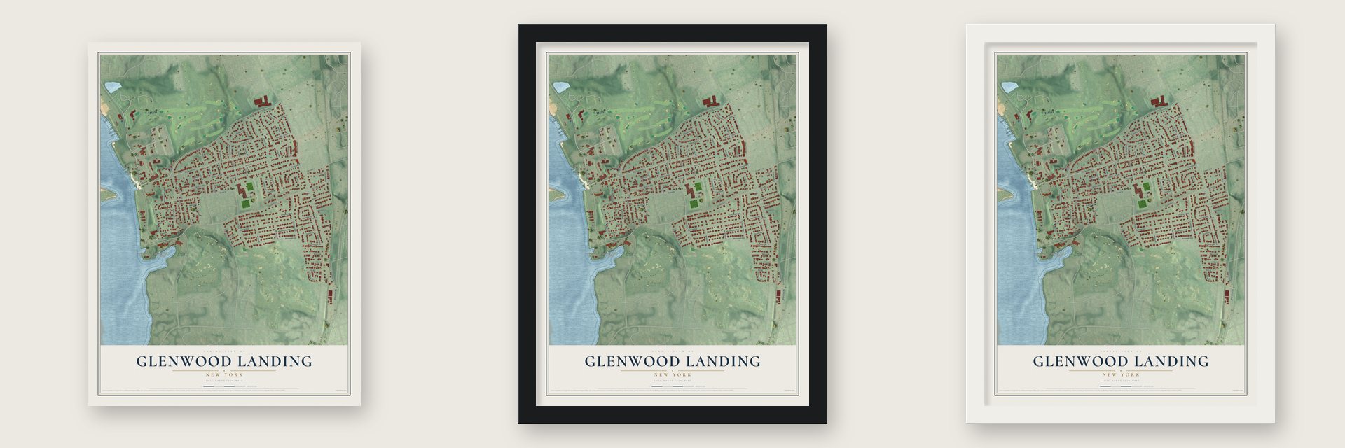 Glenwood Landing, New York map unframed, in a black wood frame and in a white wood frame
