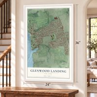 Glenwood Landing, New York map, 24 x 36 inch print in a white frame by a staircase