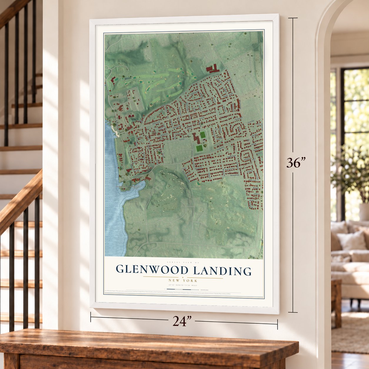 Glenwood Landing, New York map, 24 x 36 inch print in a white frame by a staircase