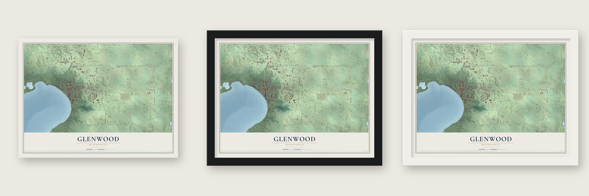 Glenwood, Minnesota map unframed, in a black wood frame and in a white wood frame
