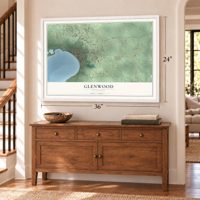 Glenwood, Minnesota map, 24 x 36 inch print in a white frame above a dresser by a staircase