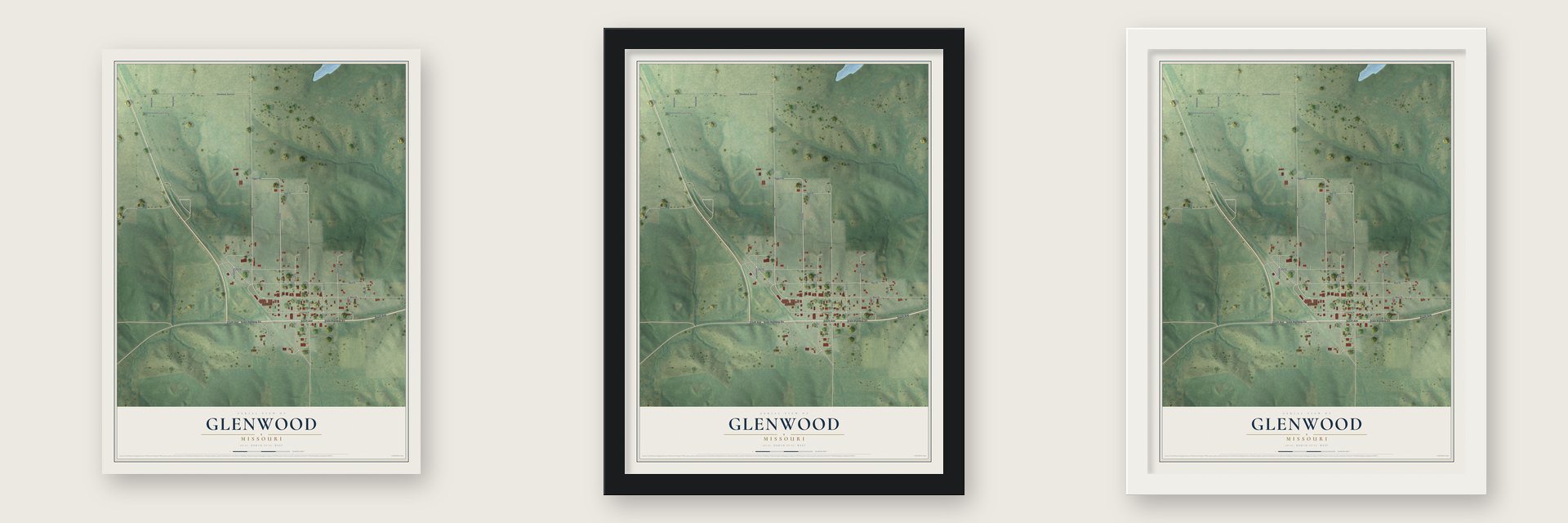 Glenwood, Missouri map unframed, in a black wood frame and in a white wood frame
