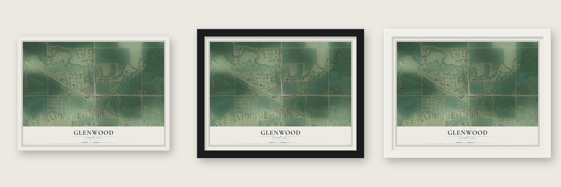 Glenwood, Nebraska map unframed, in a black wood frame and in a white wood frame