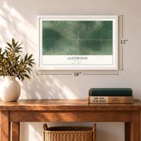 Glenwood, Nebraska map, 12 x 18 inch print in a white frame in an entryway