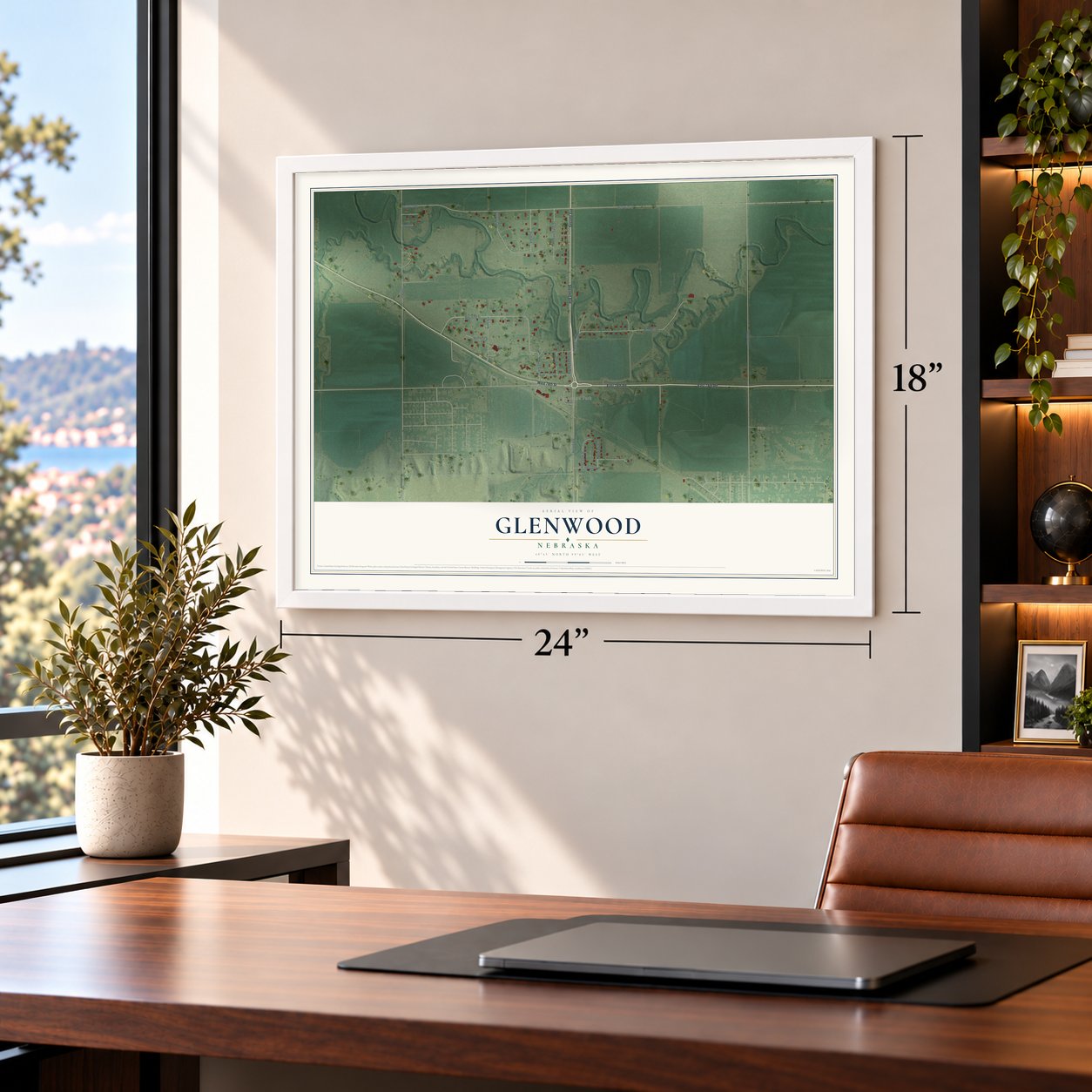 Glenwood, Nebraska map, 18 x 24 inch print in a white frame in a home office