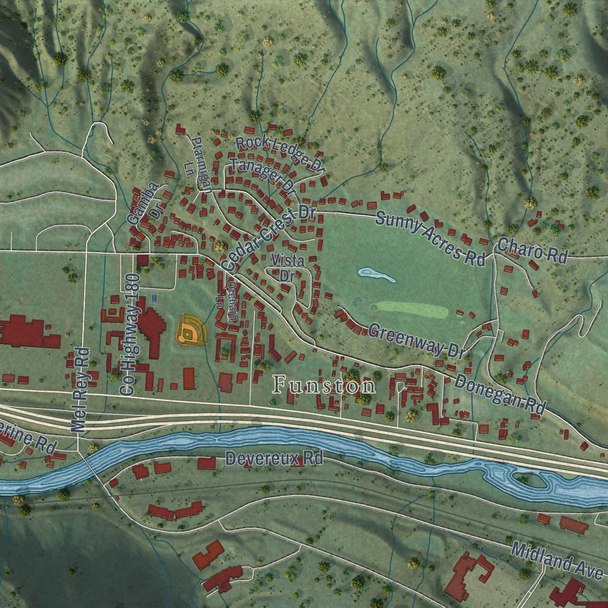 Second close-up of the map of Glenwood Springs, Colorado print showing more streets and buildings