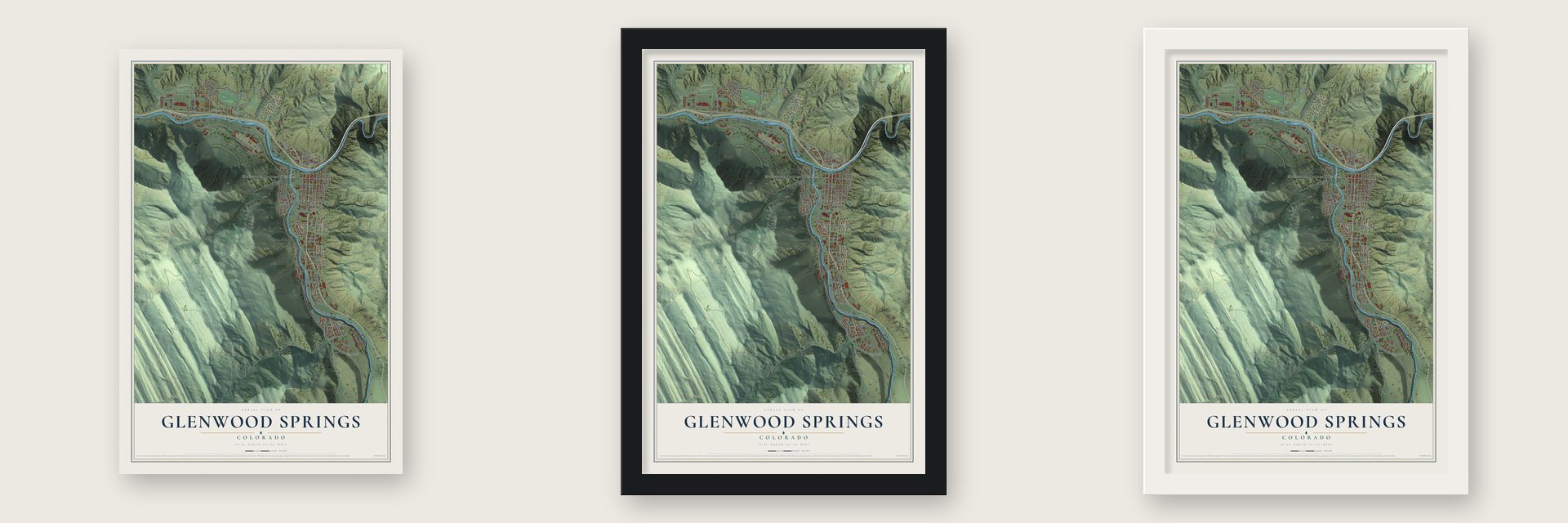 Glenwood Springs, Colorado map unframed, in a black wood frame and in a white wood frame