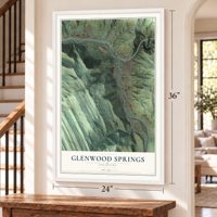 Glenwood Springs, Colorado map, 24 x 36 inch print in a white frame by a staircase